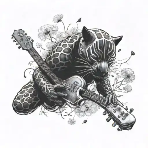 Surrounded By Dandelions There Is A Black Panther Animal Playing A Guitar With A Football Helmet