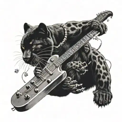 Surrounded By Dandelions There Is A Black Panther Animal Playing A Guitar With A Football Helmet