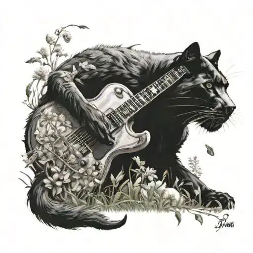 Surrounded By Dandelions There Is A Black Panther Animal Playing A Guitar Beside A Wolf