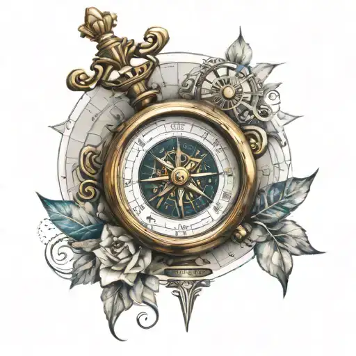 Compass Rose And A Clock On Maps