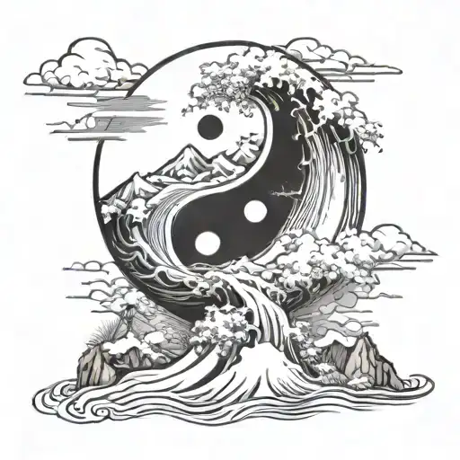 Yin Yang Design With A Mountain On One Side And Beach On The Other Side