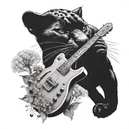Surrounded By Dandelions There Is A Black Panther Animal Playing A Guitar With A Football Helmet