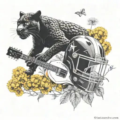 Surrounded By Dandelions There Is A Black Panther Animal Playing A Guitar With A Football Helmet