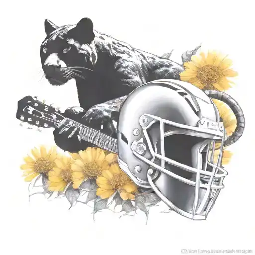 Surrounded By Dandelions There Is A Black Panther Animal Playing A Guitar With A Football Helmet