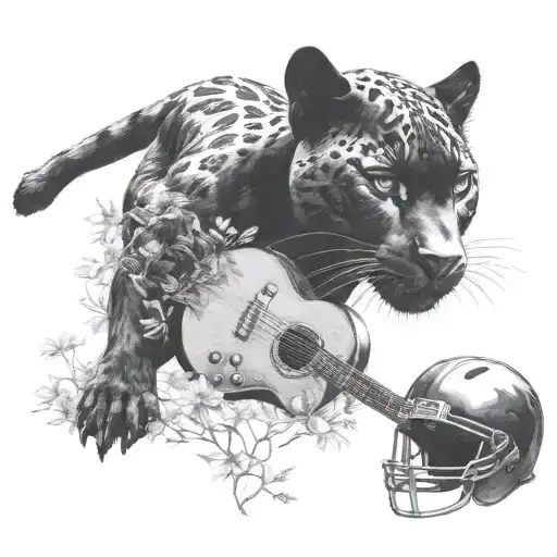 Surrounded By Dandelions There Is A Black Panther Animal Playing A Guitar With A Football Helmet