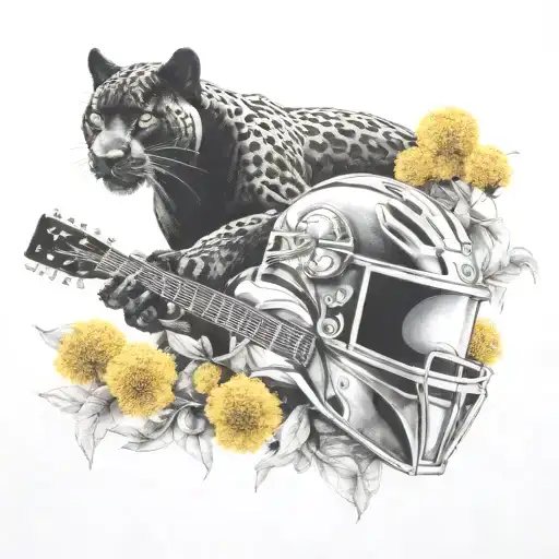Surrounded By Dandelions There Is A Black Panther Animal Playing A Guitar With A Football Helmet