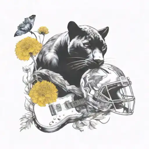Surrounded By Dandelions There Is A Black Panther Animal Playing A Guitar With A Football Helmet
