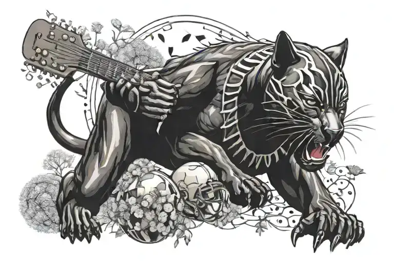 Surrounded By Dandelions There Is A Black Panther Animal Playing A Guitar With A Football Helmet