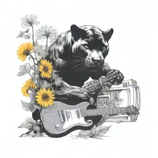 Surrounded By Dandelions There Is A Black Panther Animal Playing A Guitar With A Football Helmet