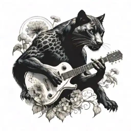 Surrounded By Dandelions There Is A Black Panther Animal Playing A Guitar Beside A Wolf