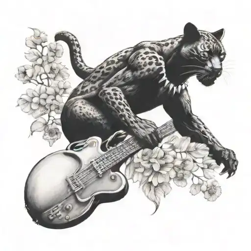 Surrounded By Dandelions There Is A Black Panther Animal Playing A Guitar With A Football Helmet