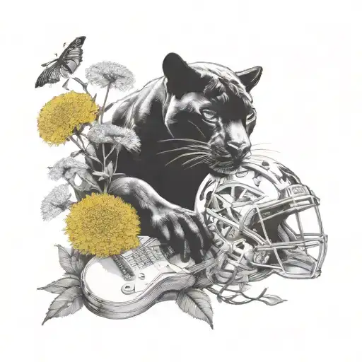 Surrounded By Dandelions There Is A Black Panther Animal Playing A Guitar With A Football Helmet