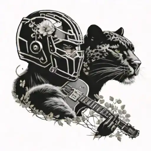Surrounded By Dandelions There Is A Black Panther Animal Playing A Guitar With A Football Helmet