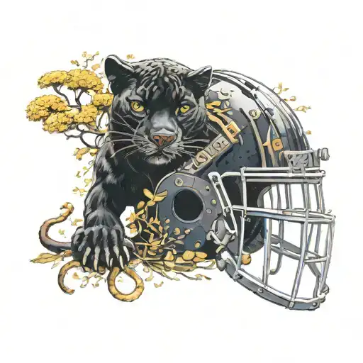 Surrounded By Dandelions There Is A Black Panther Animal Playing A Guitar With A Football Helmet