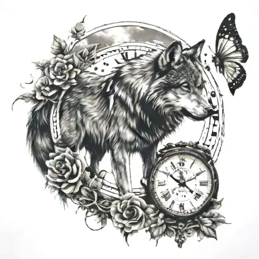 Wolf Clock Moon And Butterflies