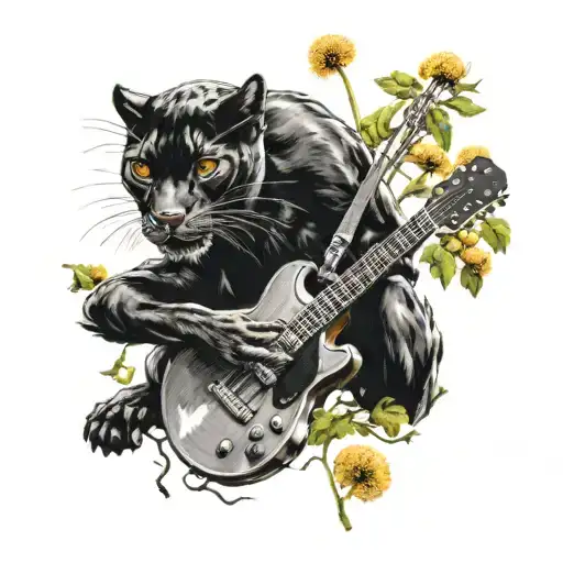 Surrounded By Dandelions There Is A Black Panther Animal Playing A Guitar With A Football Helmet