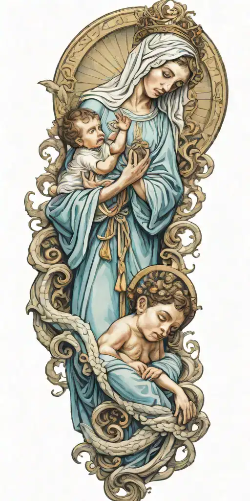The Blessed Virgin Mary Holding Her Son And Standing On The Neck Of The Serpent Satan