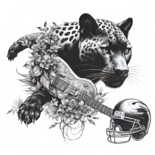 Surrounded By Dandelions There Is A Black Panther Animal Playing A Guitar With A Football Helmet