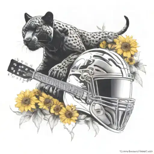 Surrounded By Dandelions There Is A Black Panther Animal Playing A Guitar With A Football Helmet