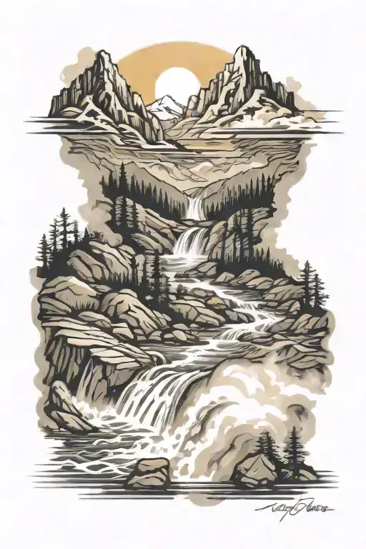 Raging River With Mountains And Cross In Sun Beams