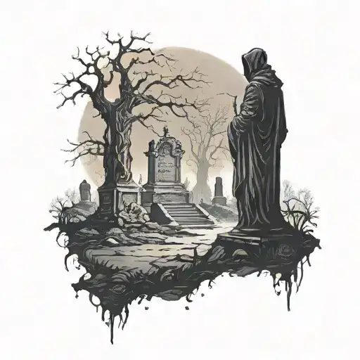Dark Silhouette Of Grim Raper Standing In Graveyard Facing Away