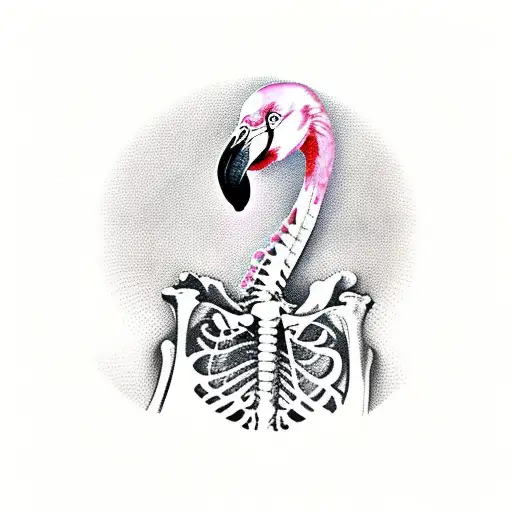 Flamingo Skeleton Looking Down At A Goose