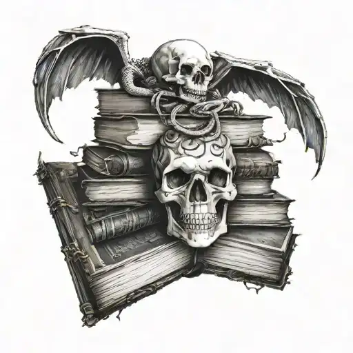 A Stack Of Old Books On Roots With A Skull On Top And A White Dragon Slithering Around It All
