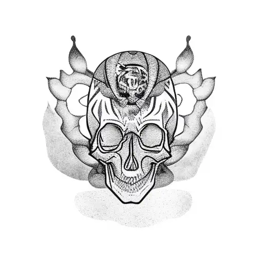 Skull In Forest Above Girl Wearing A Tigers Head In Forest