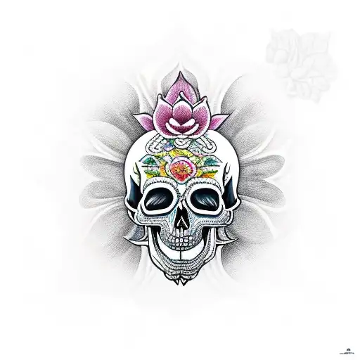 Tibetan Skull With Lotus Flowers