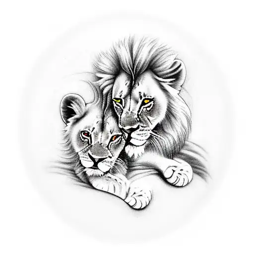 A Male Lion With A Baby Lion Below Him And Some Stars Around