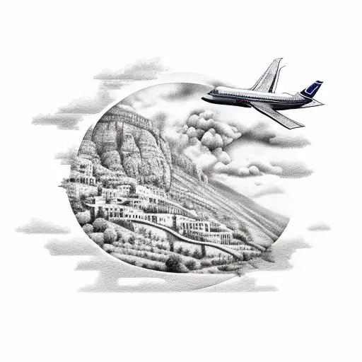 A Realistic Depiction Of The Sicilian Landscape With An Airplane Flying Overhead