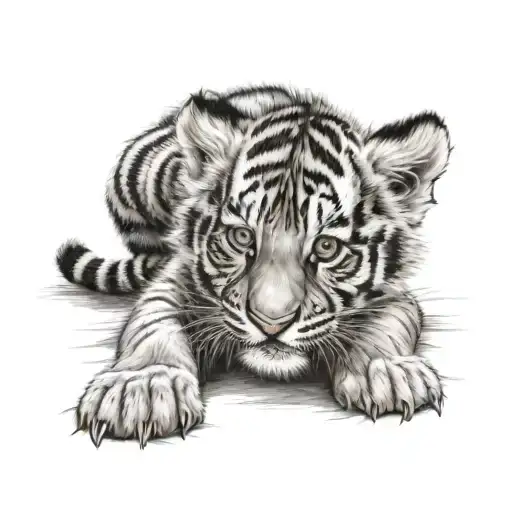 Tiger Cub Laying On Belly With Chest Showing And Paw Swiping