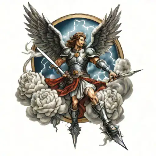 Saint Michael With Wings And Sword Floating In The Clouds With Flowers And Lightning