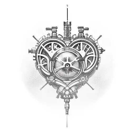 Traditional-style Tattoo Of A Mechanical Heart With The Adeptus Mechanicus Symbol