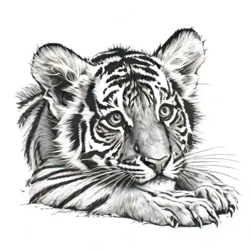 Tiger Cub Laying On Belly With Head Up And Chest Showing With A Paw Swiping Upwards
