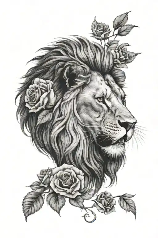 Lion Head Roaring Fiercely Surrounded By Roses