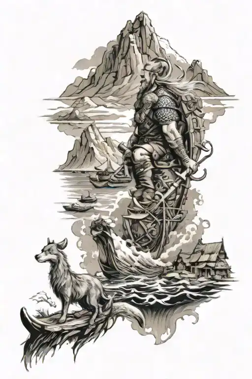 Viking Tattoo With Wolves In The Port With A Village And Mountains In The Background
