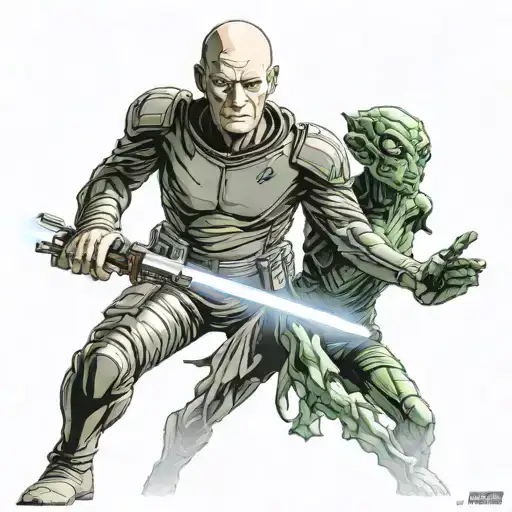 Captain Jean-luc Picard Un An Sh-1 Uniform & A Lightsaber Fighting An Alien Queen Form Aliens