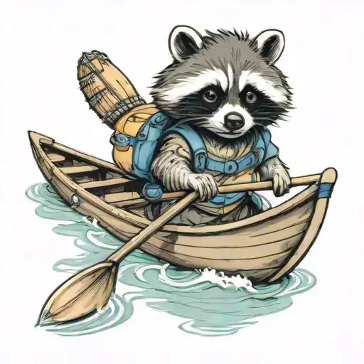 Cartoon Raccoon Wearing A Backpack And Paddling A Canoe