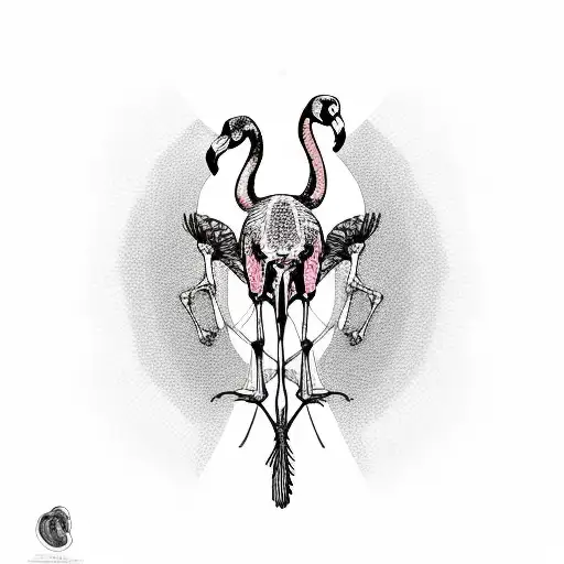 Flamingo Skeleton Looking Down At A Goose Wearing A Party Hat