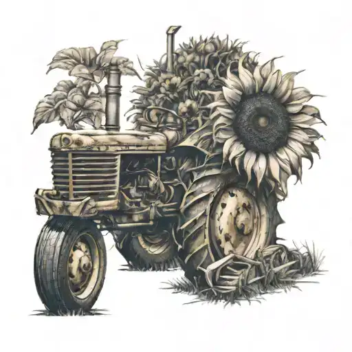 Sunflower With Tractor Driving