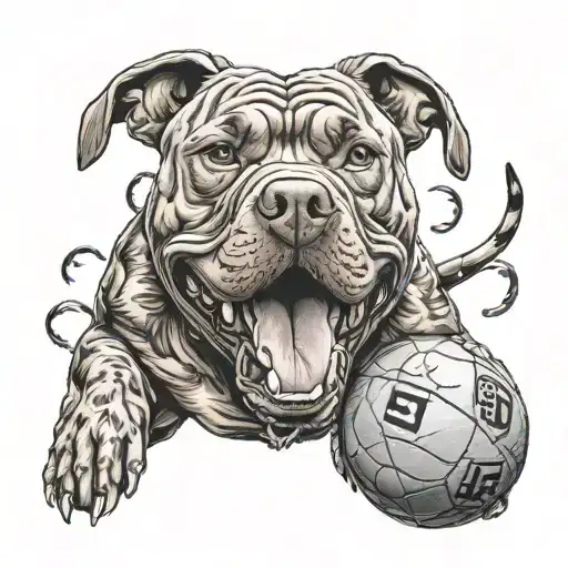 A Scary Pitbull Holding A Basketball In Its Mouth Surrounded By Dollar Signs