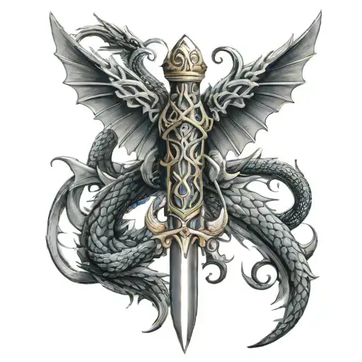 Vertical Dagger With Skinny Dragon Wrapped Around It It Has Wings