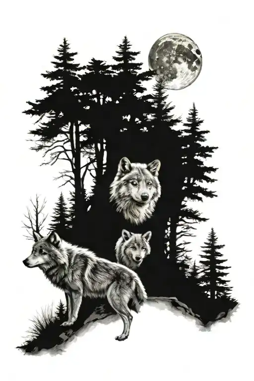 Forest With Moon Shining Over Mother Wolf And 2 Cubs