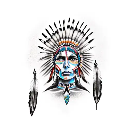 Painted American Indian Catrina With A Feather In Her Hair Looking Straight Ahead