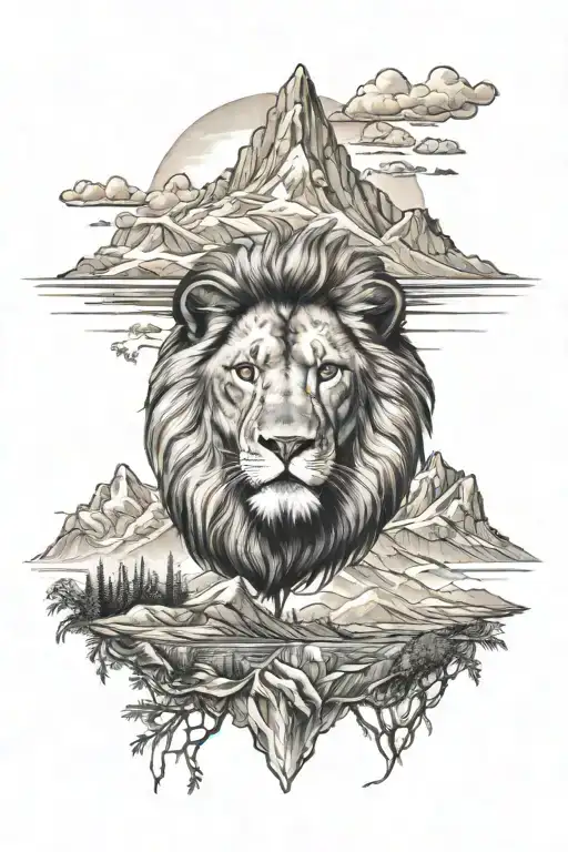Lion Head With A Scenic Mountain Landscape