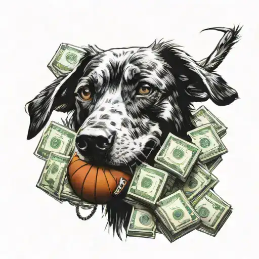 A Dog Holding A Basketball In Its Mouth Surrounded By Dollar Signs