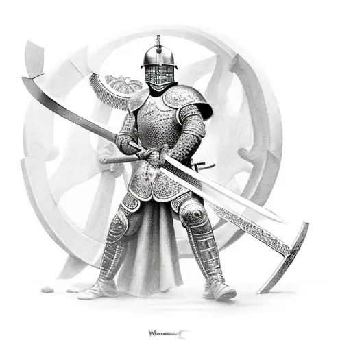 Warrior In Leather Armor Kneeling With Sword And Shield Into The Ground