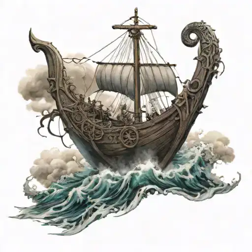 Viking Ship On Raging Sea Below Jesus And The Three Crosses