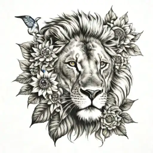 Realistic Lion With Deep Blue Eyes With Sunflowers With The Lotus Blossom